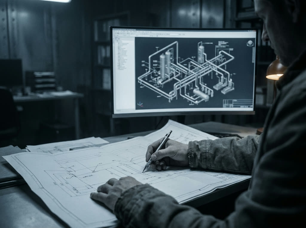 Konstrukteur im Planungsbüro zeichnet an einer Rohrleitungs-Isometrie einer Industrieanlage, technische Zeichnung und CAD-Modell auf dem Bildschirm.